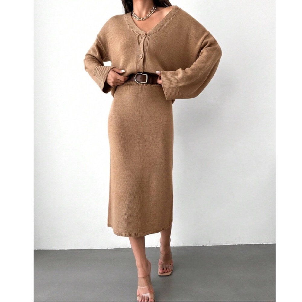 Classic Camel Solid Loose Fit Cardigan Midi Skirt Set S M L
